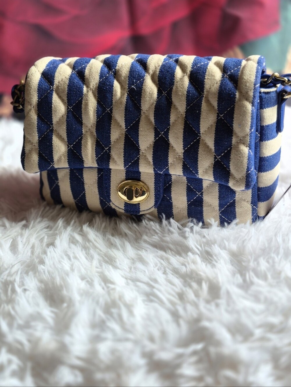 JustFab Blue and Cream Quilted Striped Crossbody Bag